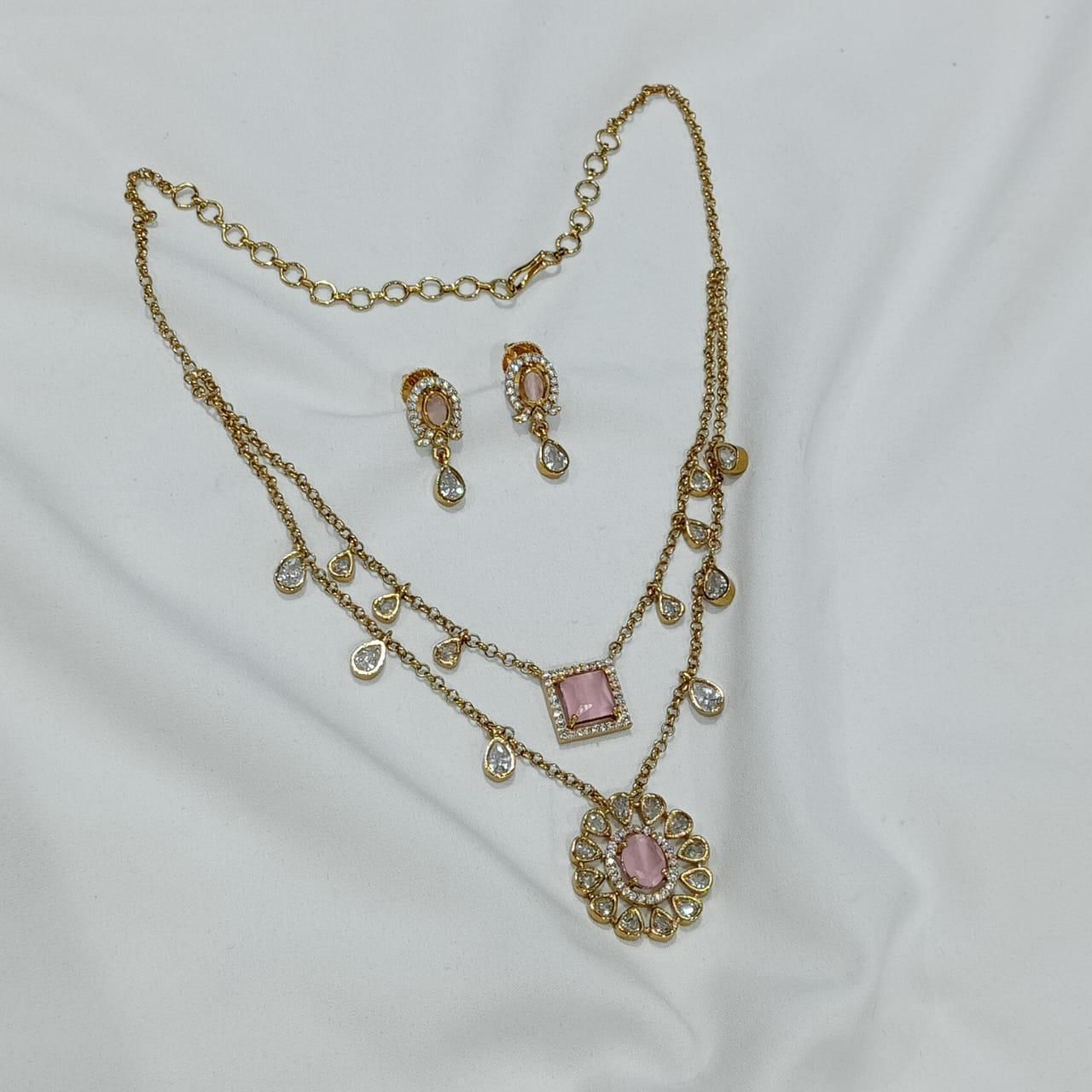 Beautiful Matte Two Layered Chain Necklace Set With Earrings