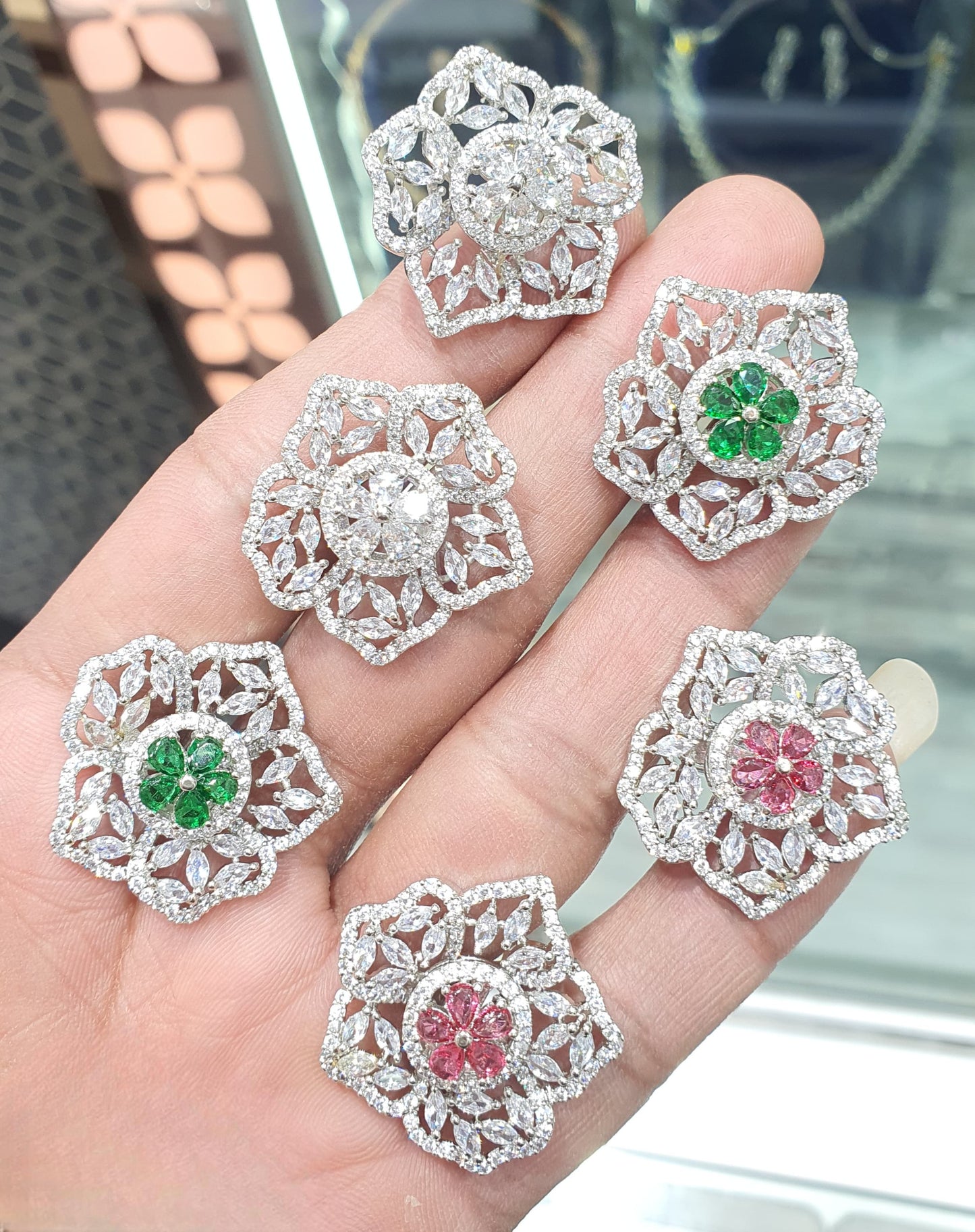 Super-Cute Classy Cz Stone Silver Polish Stud Earrings-Flower Motif