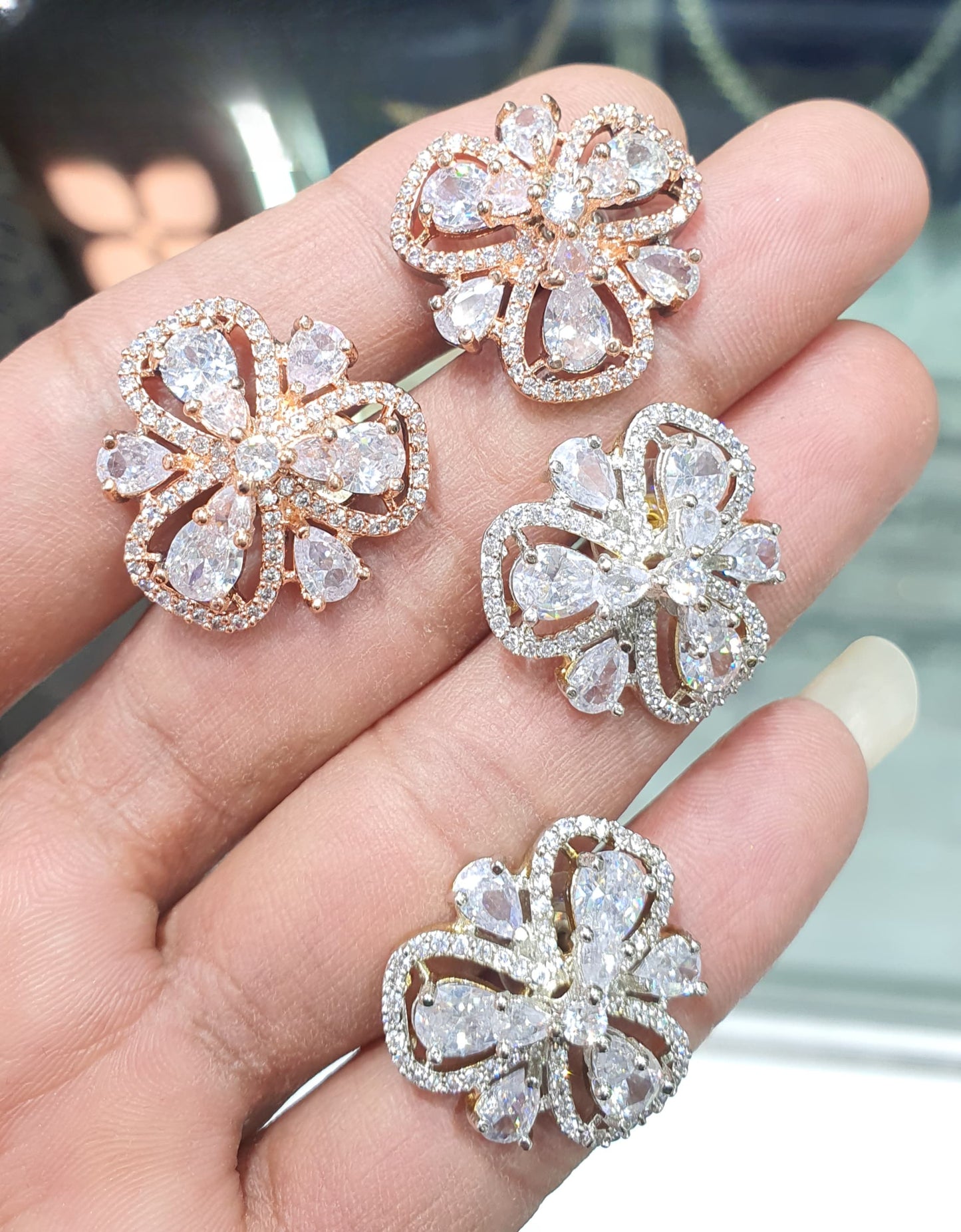 Super-Cute Classy Cz Stone Stud Earrings -Flower Motif