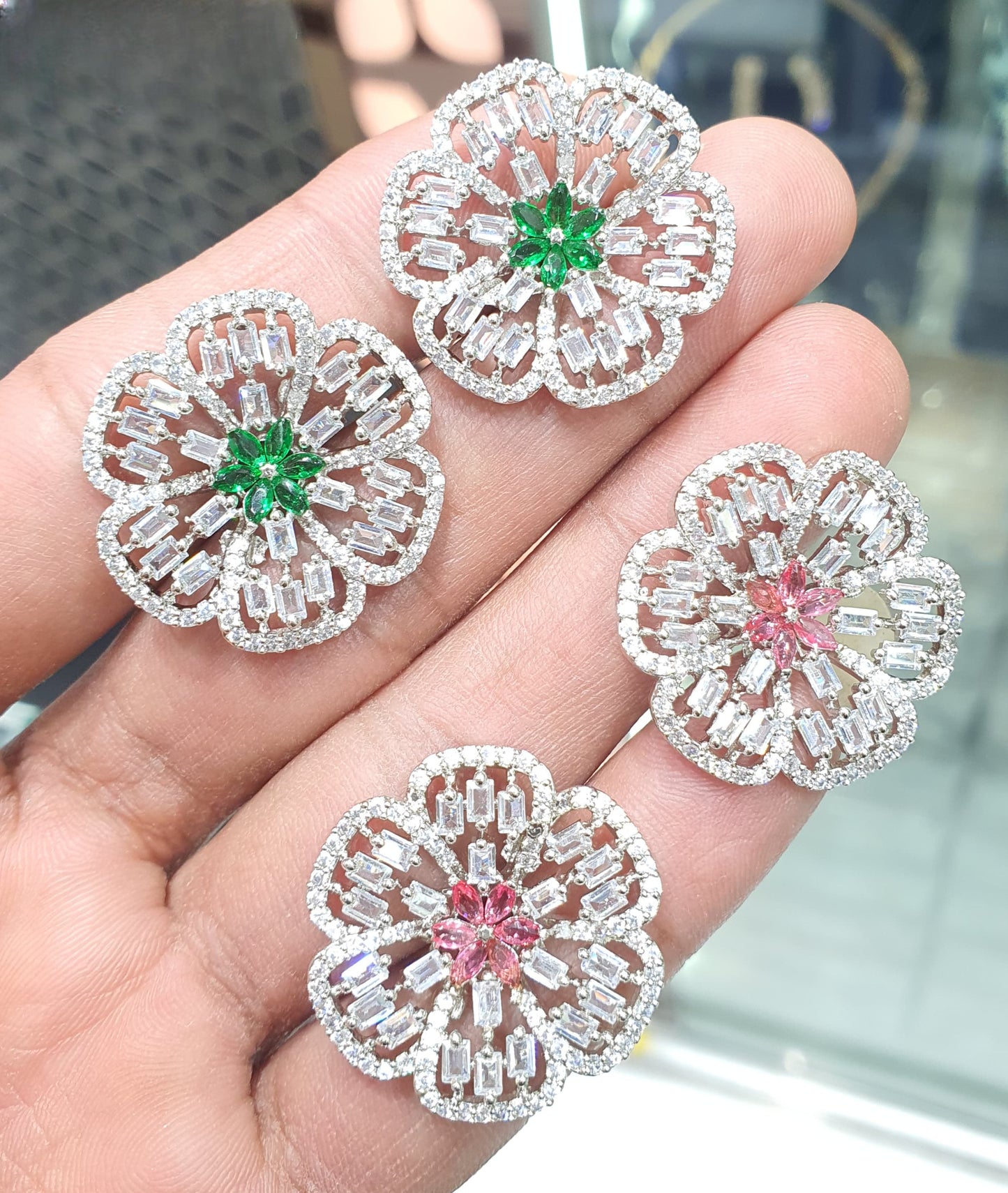 Trendy And Classy Cz Stone Silver Polish Stud Earrings -Flower Motif
