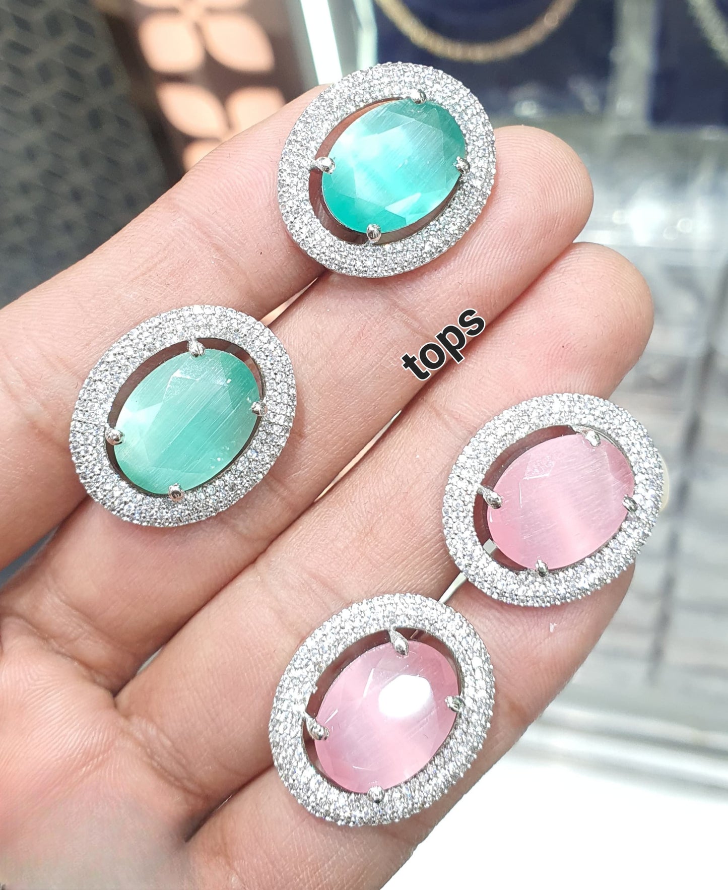 Beautiful Latest CZ Stone Stud Earrings- Silver Polish