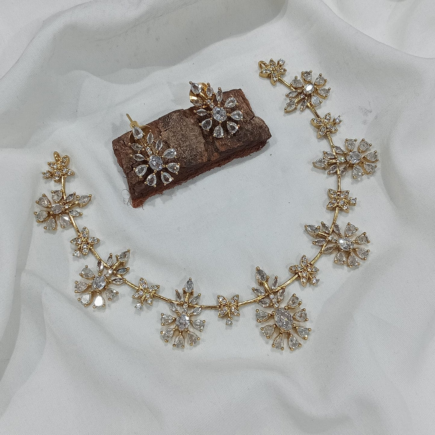 Premium Finish Uncut AD Stone Necklace Set With Earrings-Flower Motif