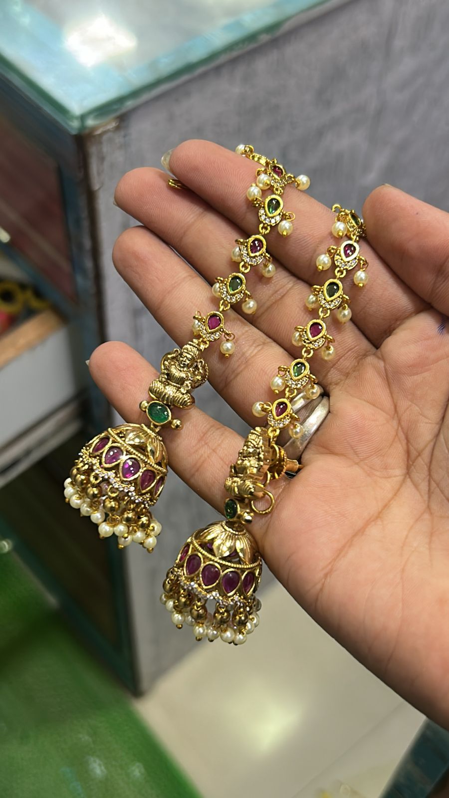 Premium Antique Kemp Stone Jhumka Earrings With Earchains - Lakshmi Motif