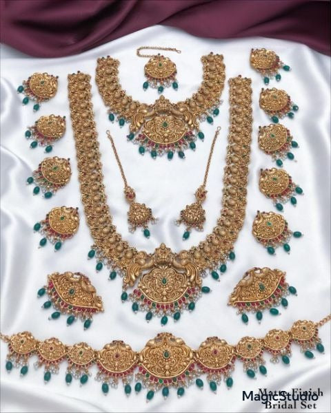 Royal Matte Finish Temple Bridal Jewelry Set With Beads - Peacock Motif