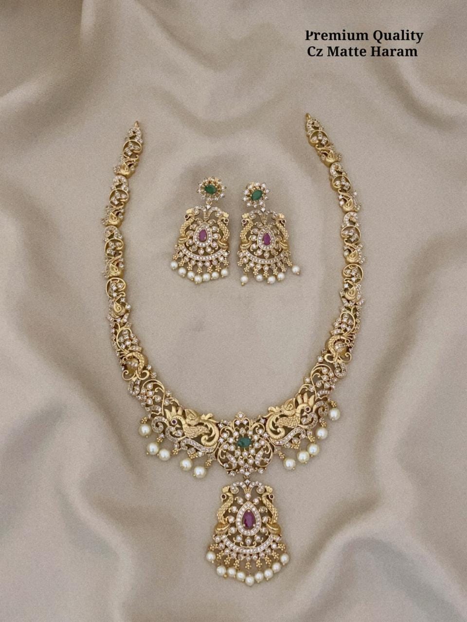 Designer Antique Matte Temple Jewelry Haram Necklace Set with Jhumkas Combo Lakshmi Motif