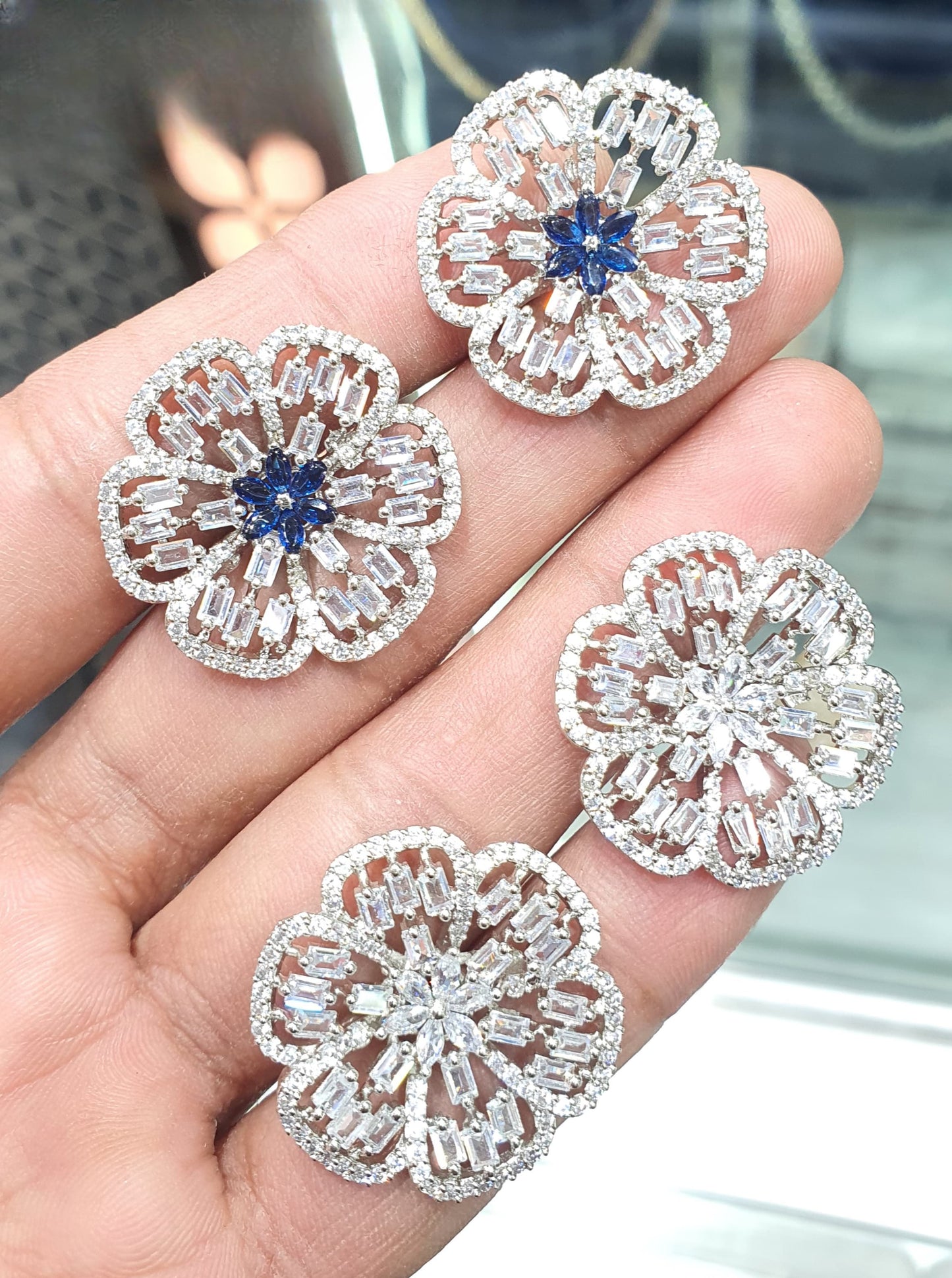 Trendy And Classy Cz Stone Silver Polish Stud Earrings -Flower Motif