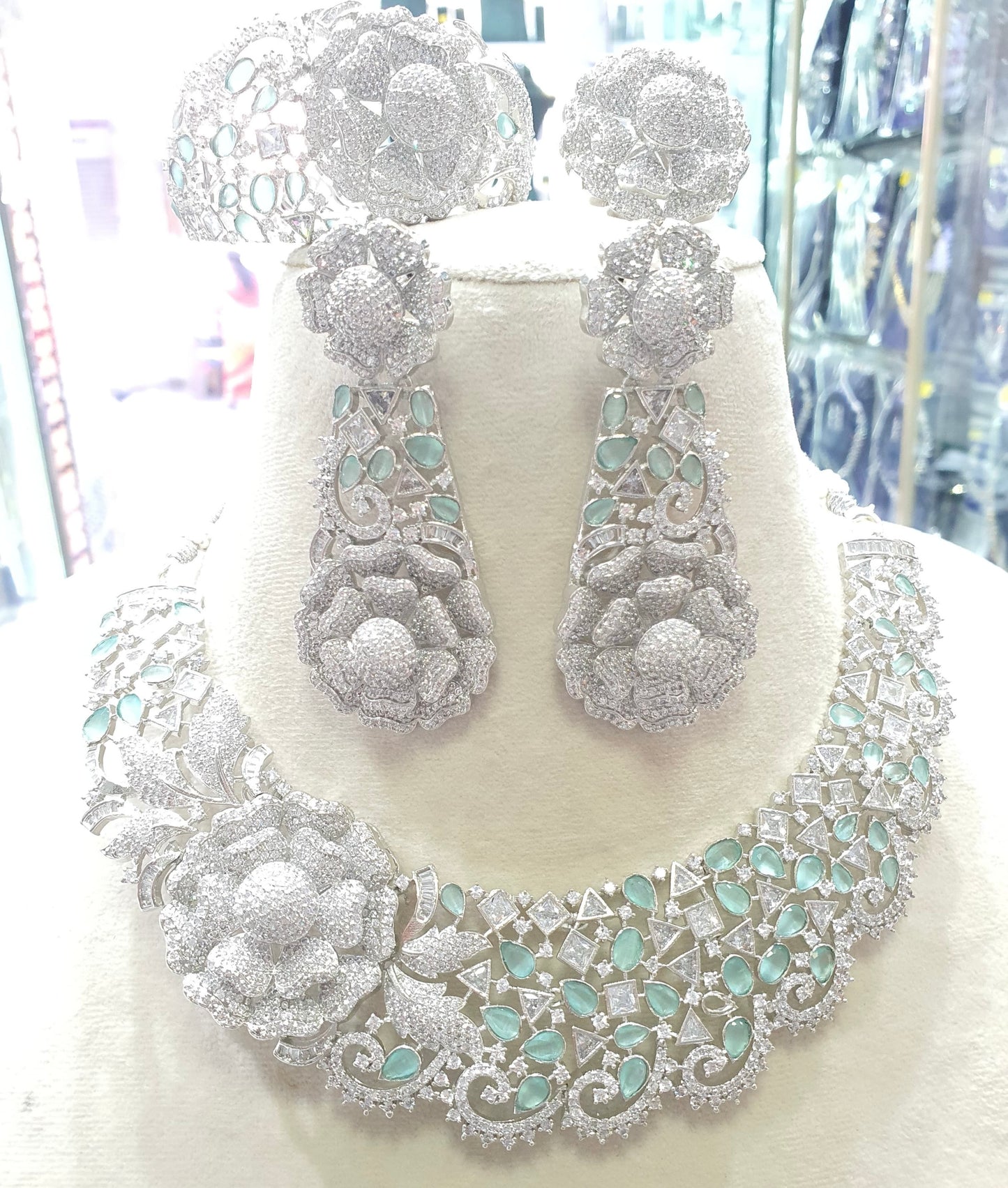Grand Bridal Cz Stone Silver Necklace Set with Earrings, Bracelet and Ring