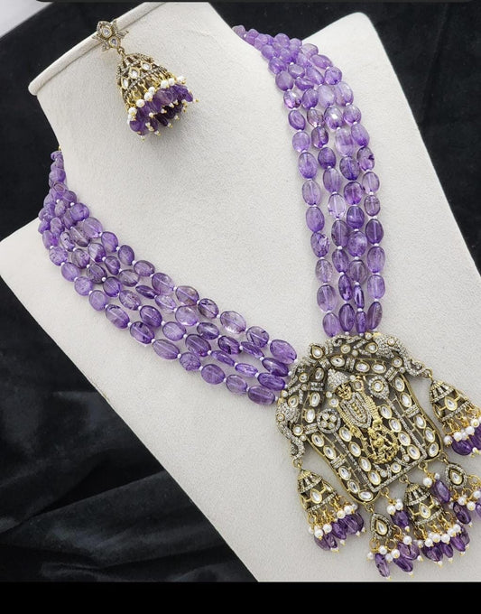 Designer Victorian Temple Jewelry -Lakshmi Narayana Necklace Earrings with Amethyst Beads