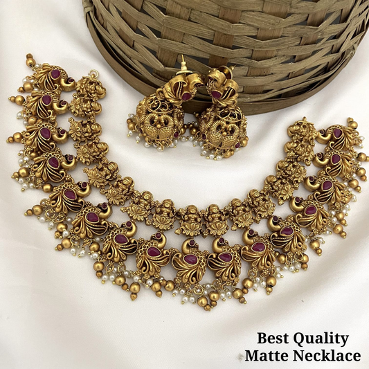 Trendy Beaded Matte Temple Jewelry Peacock Bridal Necklace Set with Jhumkas