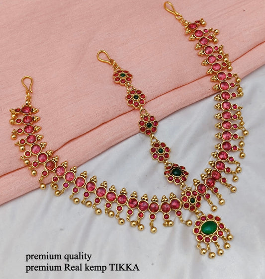 Beautiful Premium Bridal Mathpati Real Kemp Stone Tikkas - Red Green