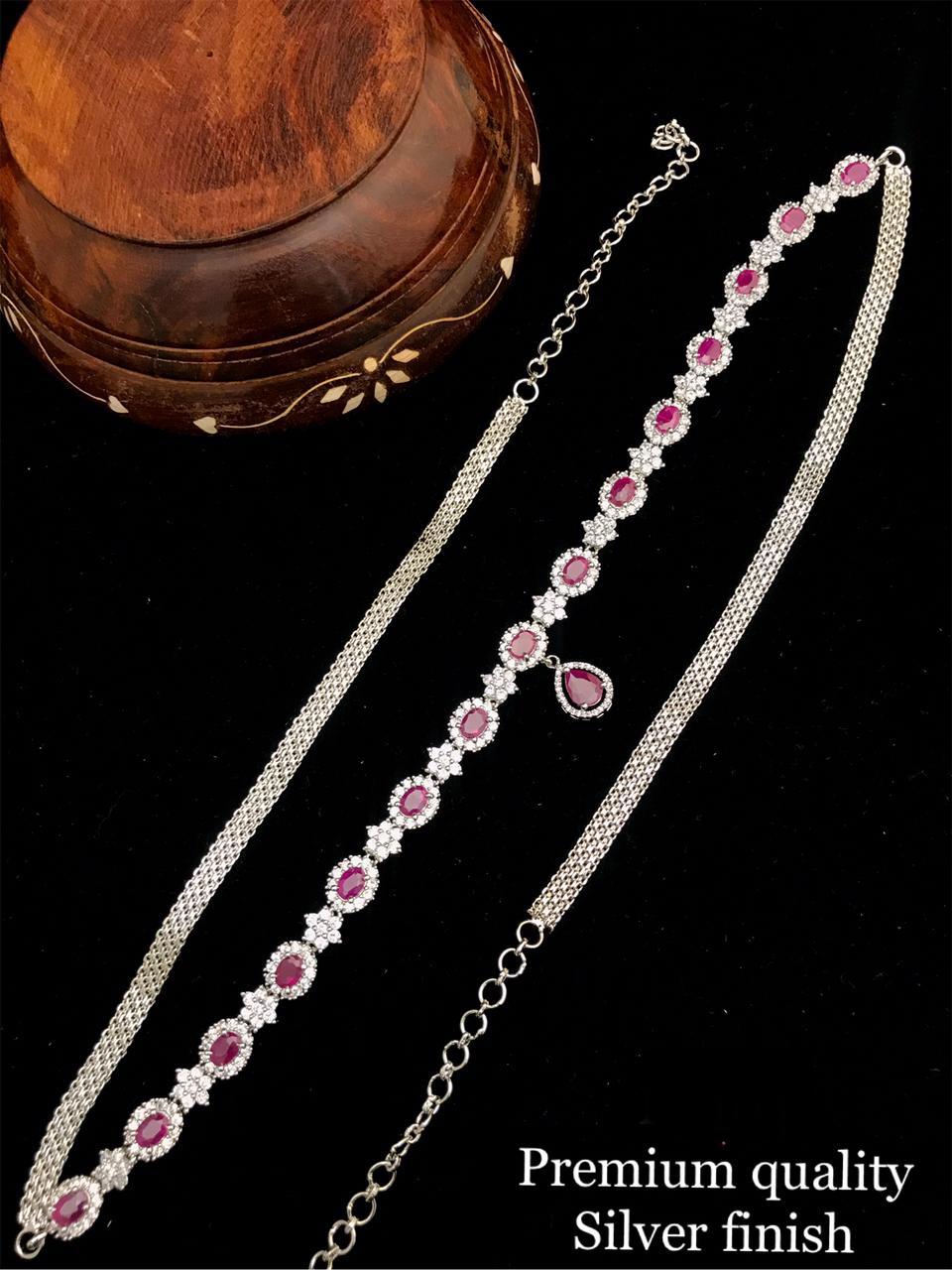 Fashionable American Diamond Hipchain- Silver Polish -Pink
