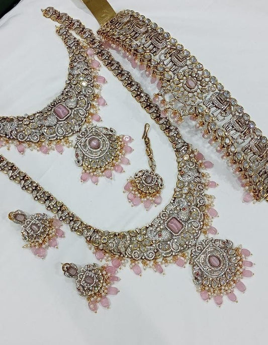 All New Elegant Victorian Finish Full Bridal Set Haram Necklace Set with Earrings- Pink