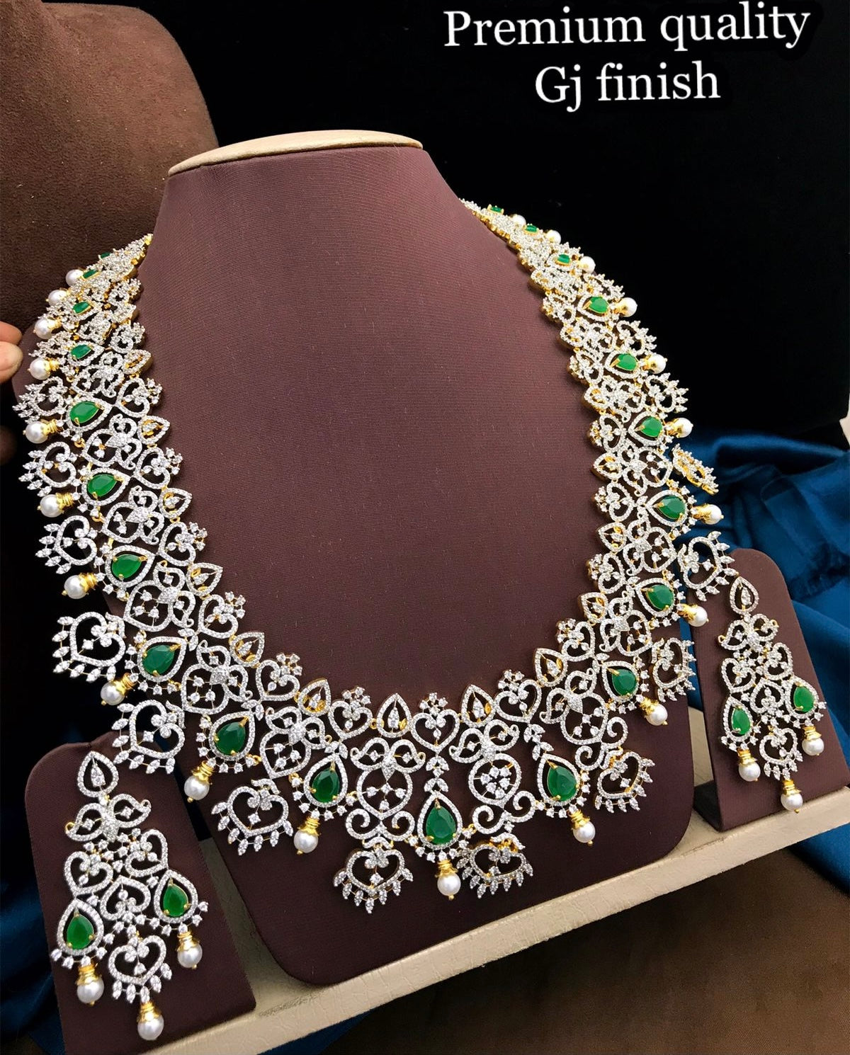 Grand GJ polish Cz Stone Bridal Long Necklace and Earrings