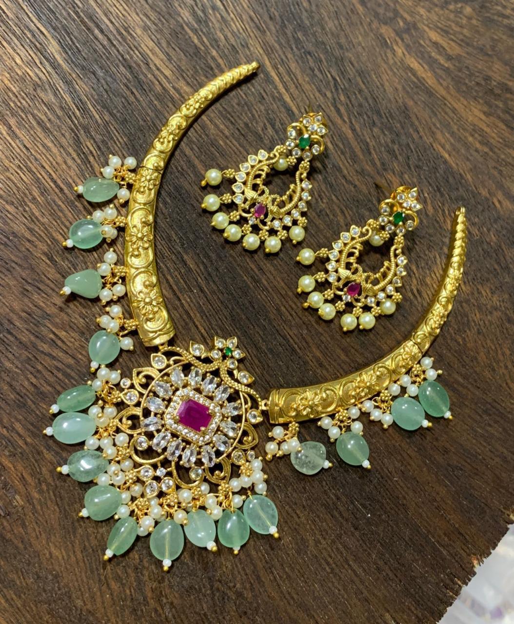 Latest Premium Matte Cz stone Pendant Necklace Set in Kanti and Earrings