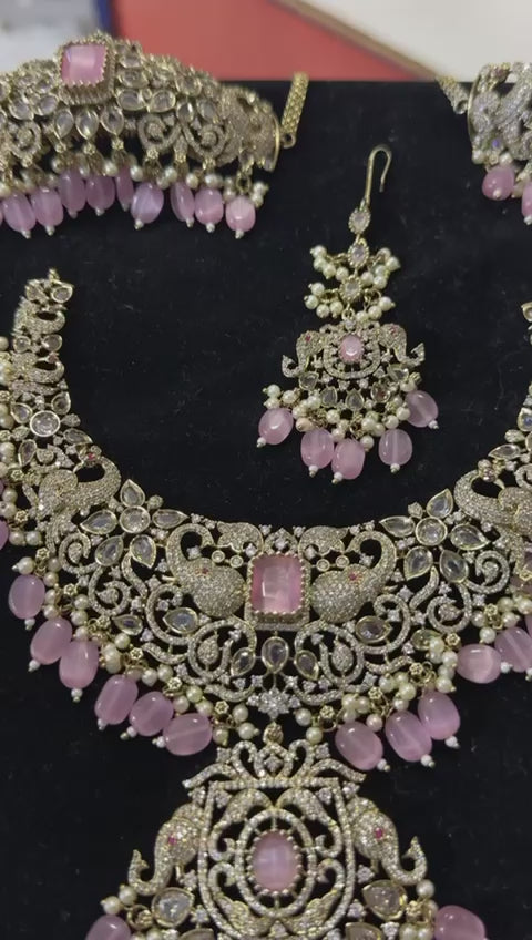 All New Elegant Victorian Finish Full Bridal Set Haram Necklace Set with Earrings - Pink
