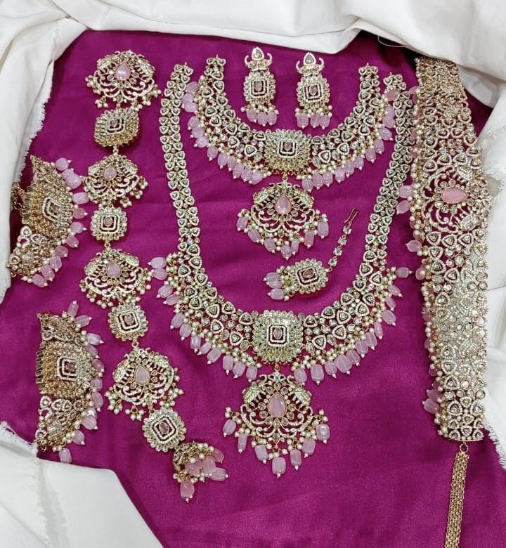 Elegant Victorian Finish Full Bridal Set Haram Necklace Set with Earrings -Pink
