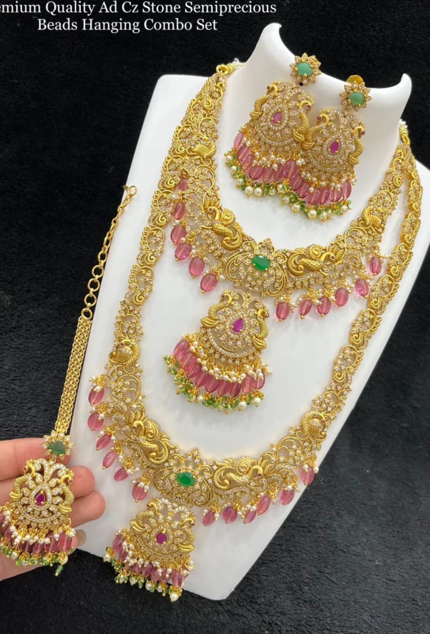 Designer Matte Finish Haram Long Necklace Combo Set with Earrings and Tikka
