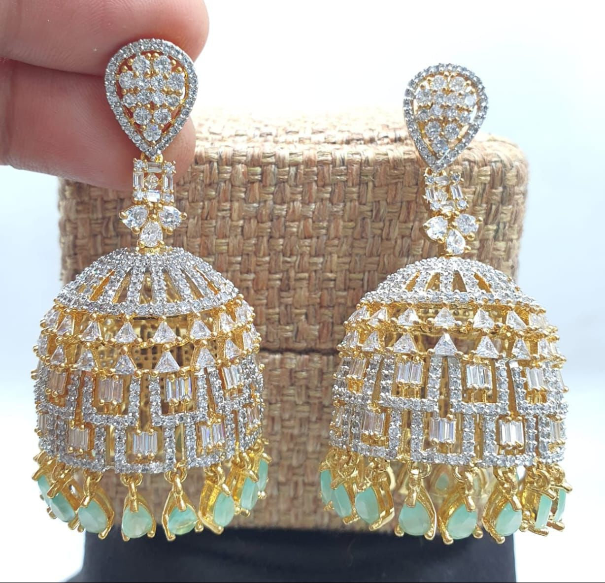 Elegant Gold Finish American Diamond Jhumka Earrings With Mint Drops