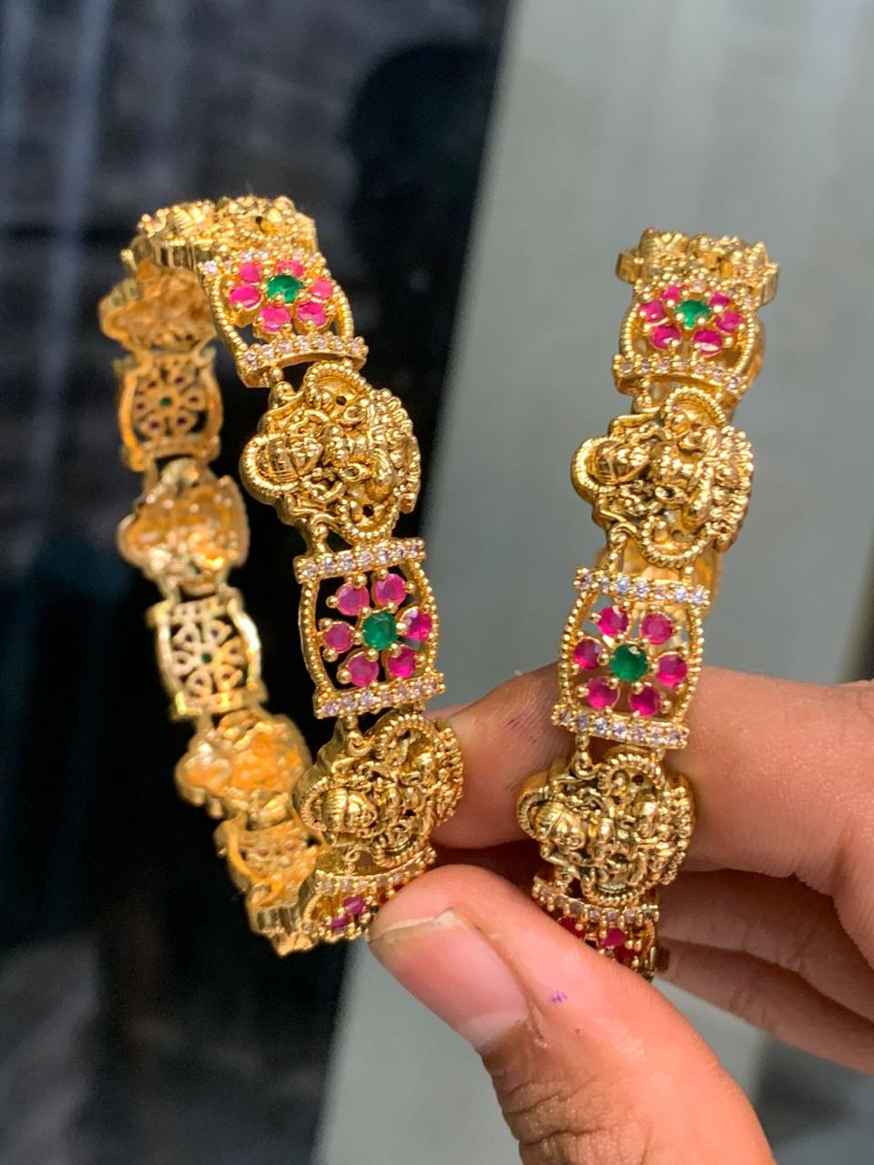 Beautiful Matte Finish AD Stone Temple Jewelry Bangles -set of 2
