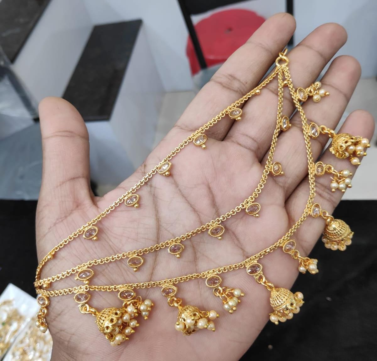 New Designs in Ear chains for Earrings- Maatal- Chempaswaralu With Little Jhumkas- White