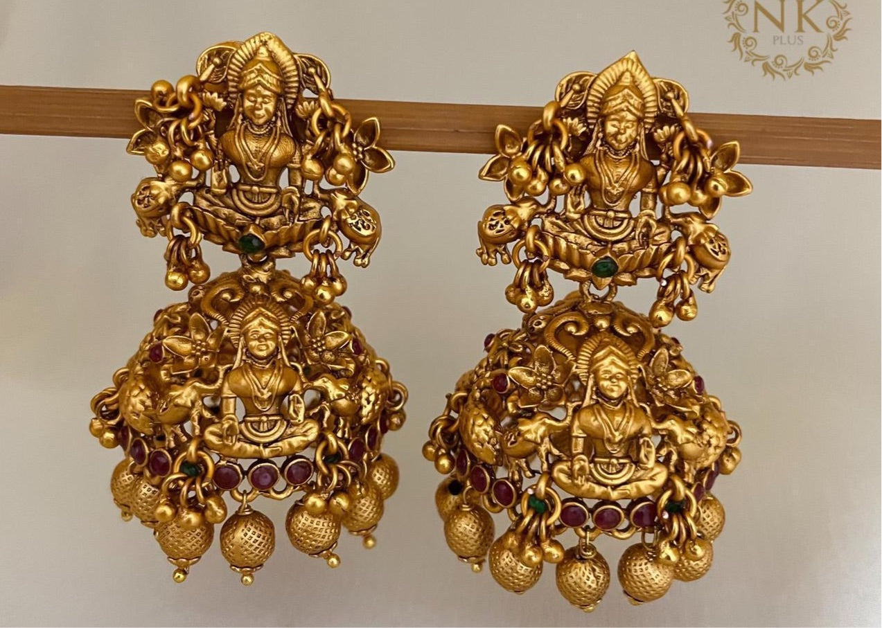 Matte Finish Jhumkas -Classy Temple Jewelry Lakshmi design Earrings