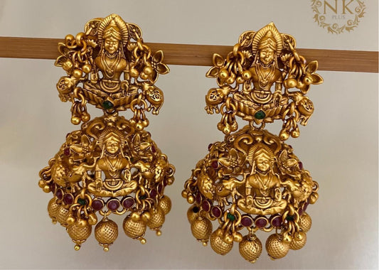 Matte Finish Jhumkas -Classy Temple Jewelry Lakshmi design Earrings