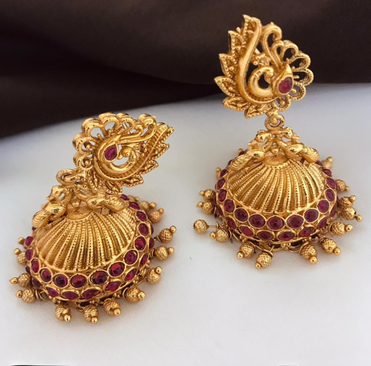 Bridal Matte Finish Jhumkas - Peacock design Earrings