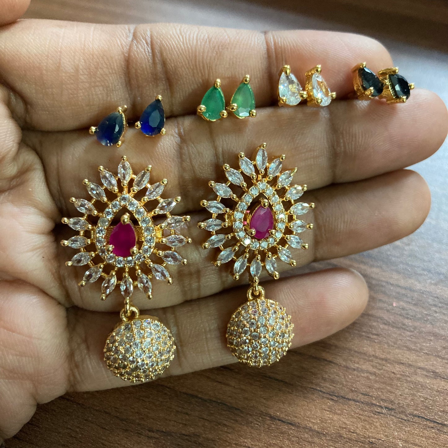 Premium American Diamond Stone Changeable 5in1 Earrings- Microgoldplated