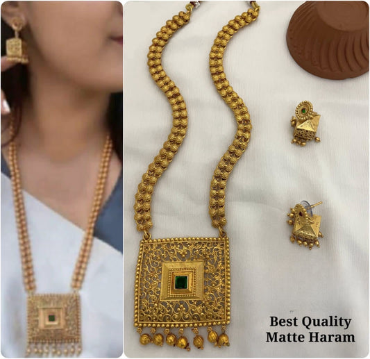 Trending Matte Square Pendant Haram Long Chain Necklace Set with Earrings- Green