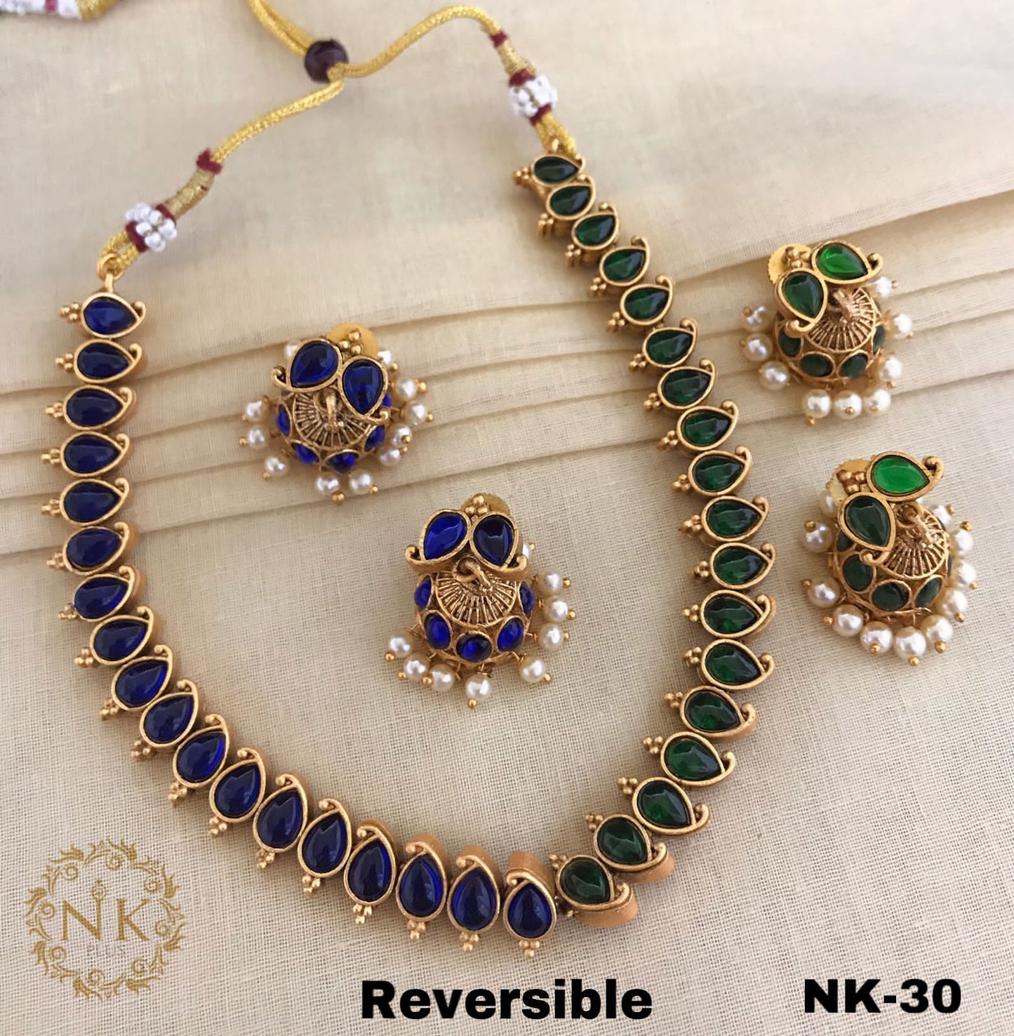 Two in 1 Reversible Matte Finish Necklace with 2 pairs of Jhumkas- Blue, Green