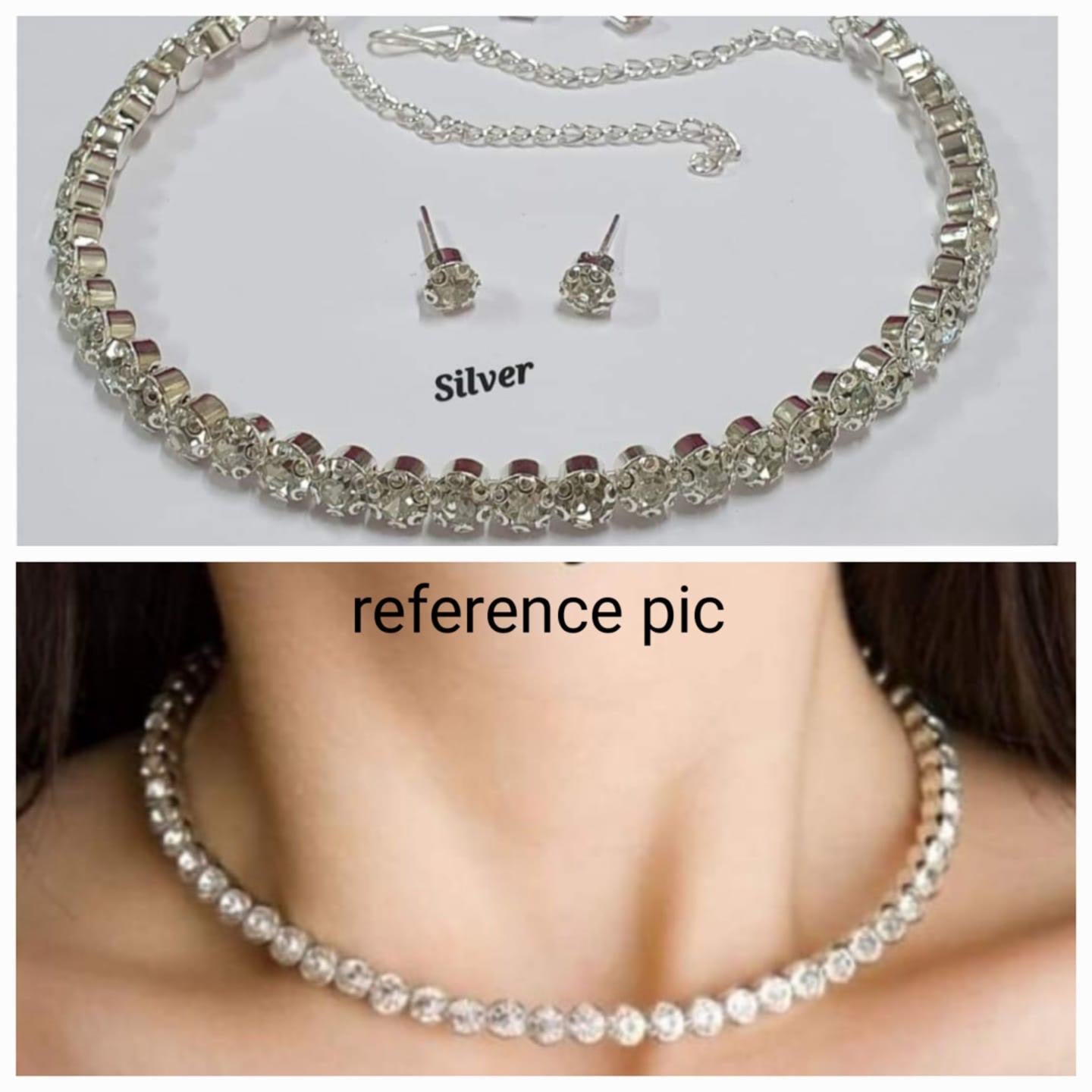 Simple Single Line Stone Choker Necklace Set with Stud Earrings
