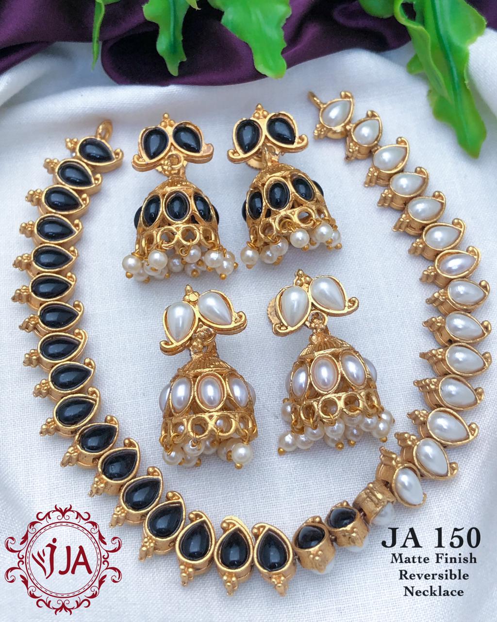 Two in 1 Reversible Matte Finish Necklace with 2 pairs of Jhumkas-Black, White
