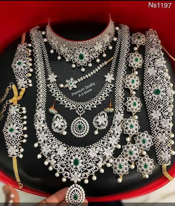 Zuccii Exclusive Premium Quality CZ stone GJ Polish Full Bridal Set Haram Necklace Set with Earrings and Tikka - Green