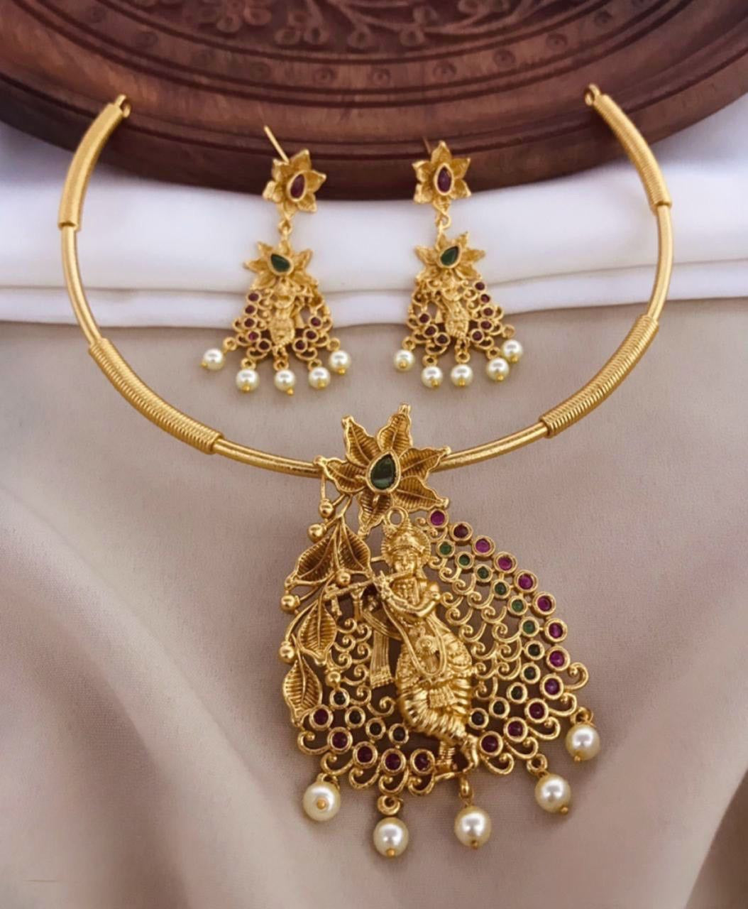 Temple Jewelry -Premium Matte Krishna Pendant Necklace with Kanti