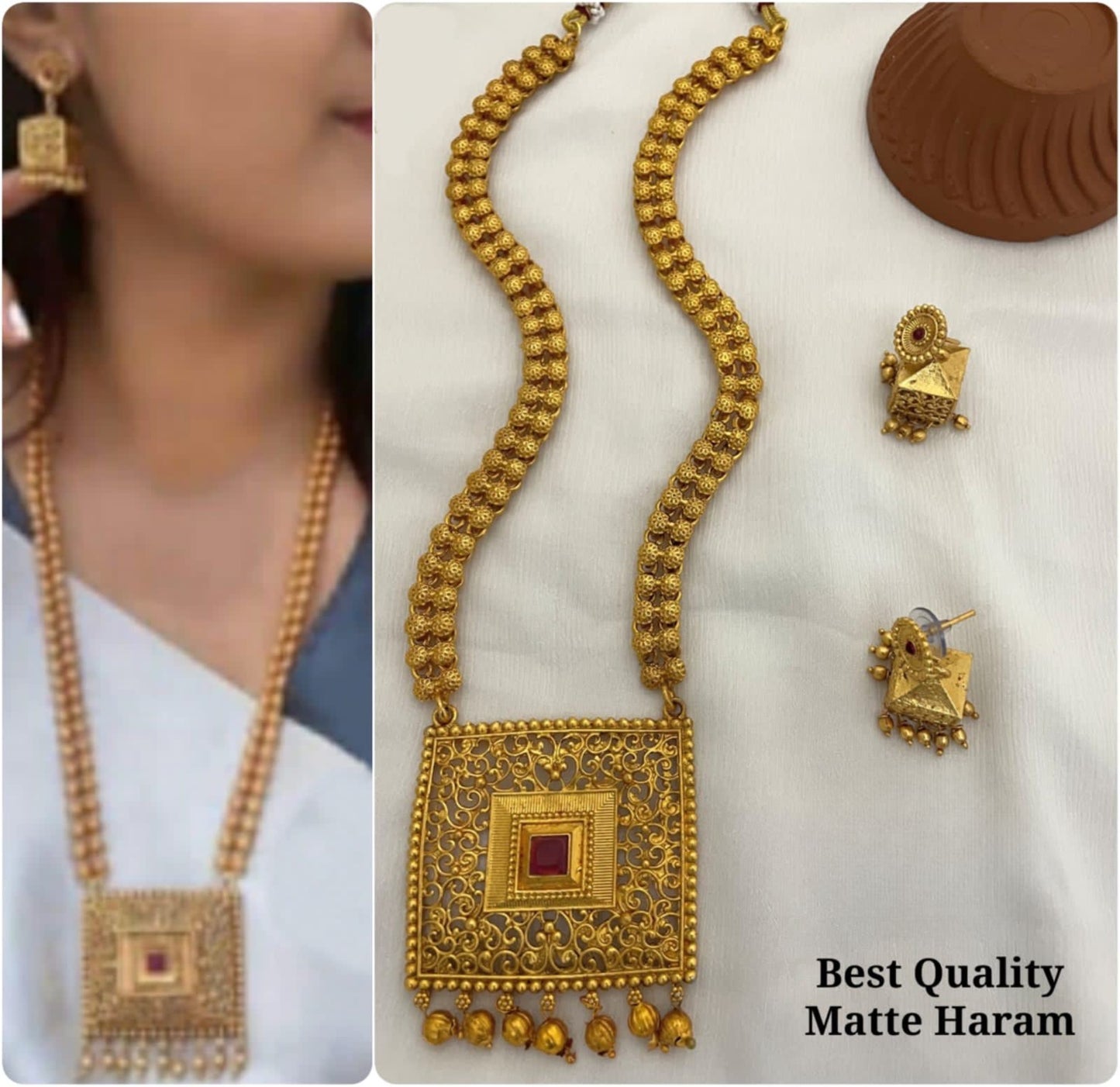 Trending Matte Square Pendant Haram Long Chain Necklace Set with Earrings- Red