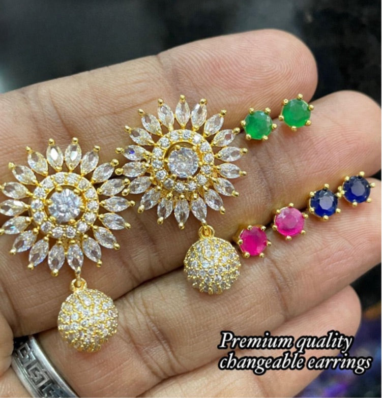 Premium American Diamond Stone Changeable 4in1 Earrings- Microgoldplated