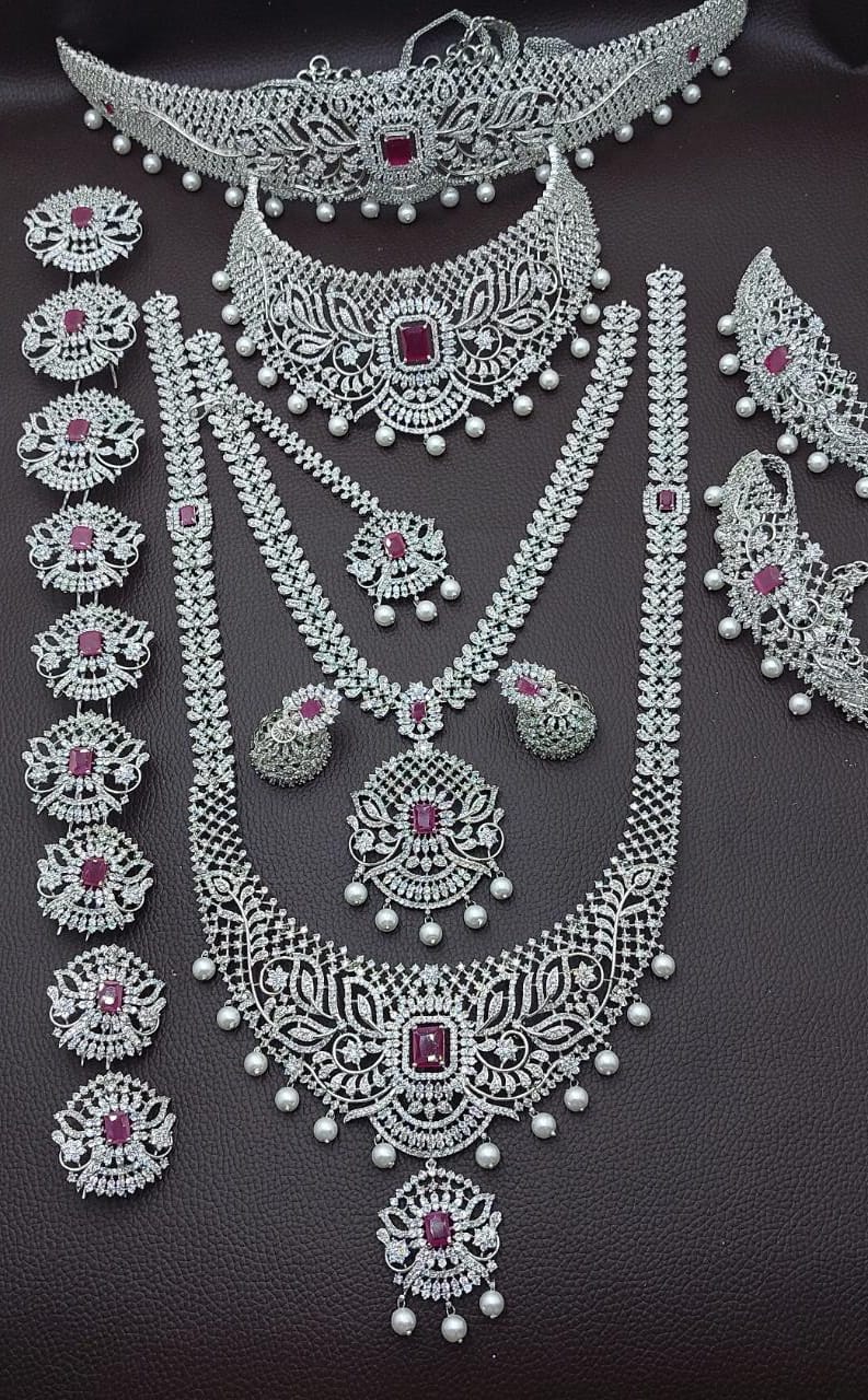Exclusive Premium Quality CZ stone Full Bridal Set Haram Necklace Set with Earrings  and Tikka - Pink