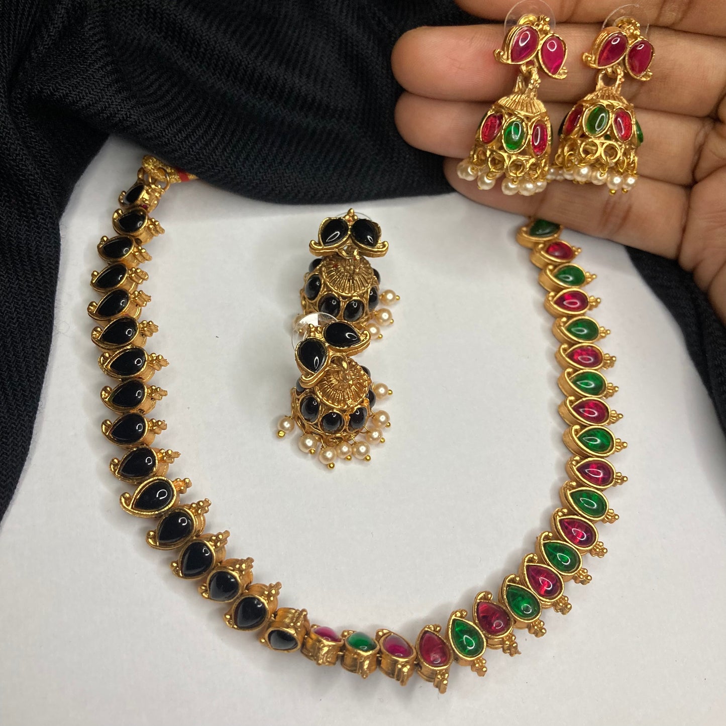 Two in 1 Reversible Matte Finish Necklace with Double jhumka Earrings - Black, Multicolor
