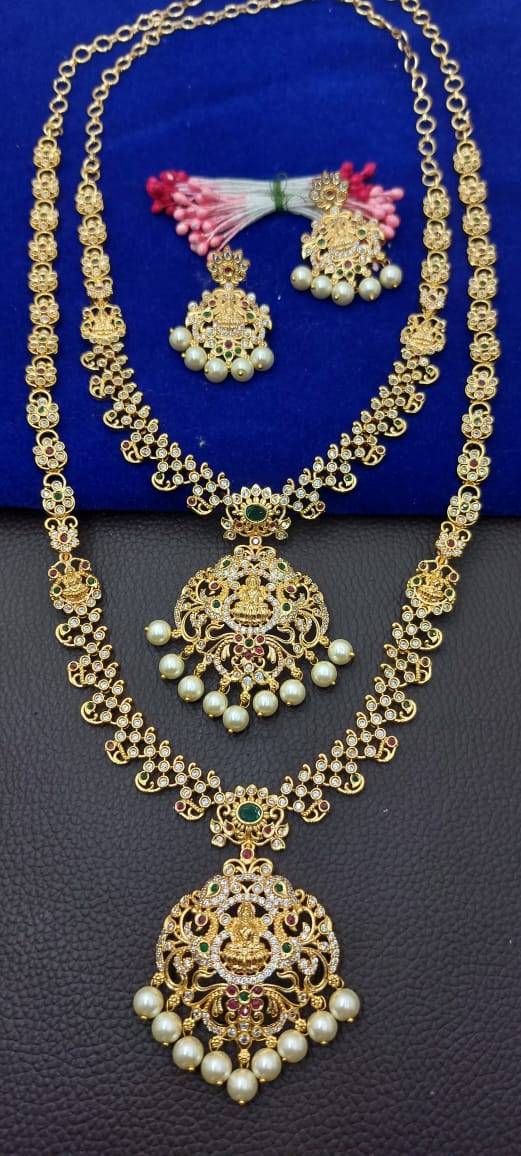 Classic Temple Jewelry Bridal Set - CZ American Diamond Stone Jewelry Haram Long Necklace Set with Earrings