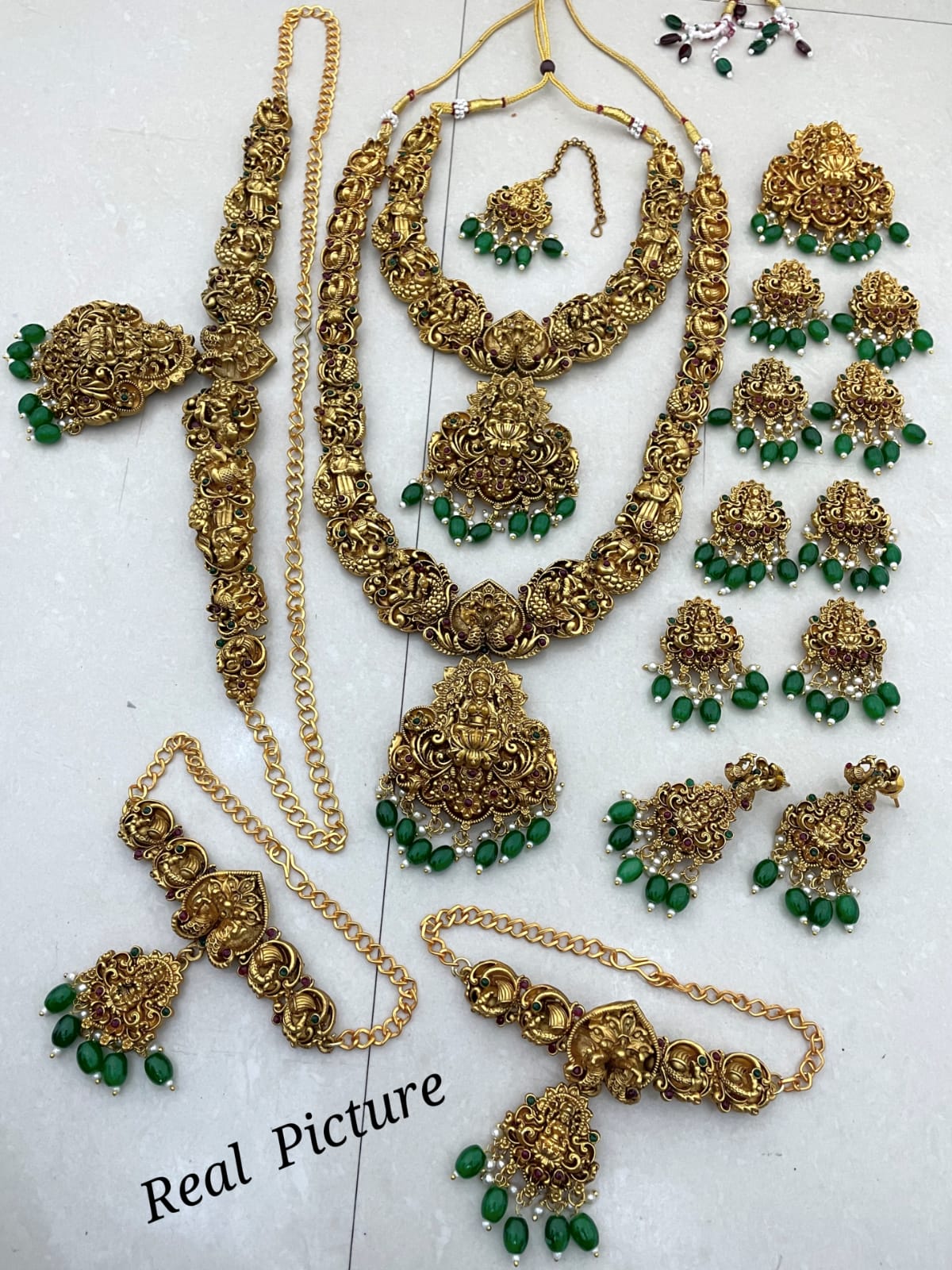Nagas Matte Finish Temple Jewelry Full Bridal Set Haram Necklace Set with Earrings Lakshmi Design- Green
