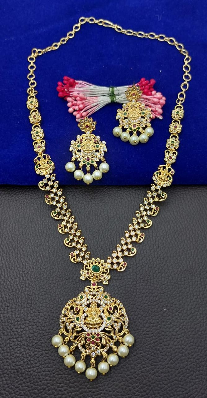 Classic Temple Jewelry Bridal Set - CZ American Diamond Stone Jewelry Haram Long Necklace Set with Earrings