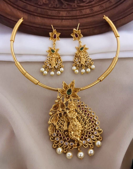 Temple Jewelry -Premium Matte Krishna Pendant Necklace with Kanti