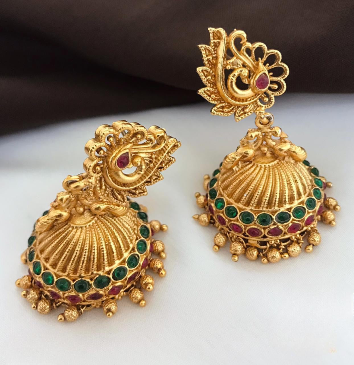 Bridal Matte Finish Jhumkas - Peacock design Earrings