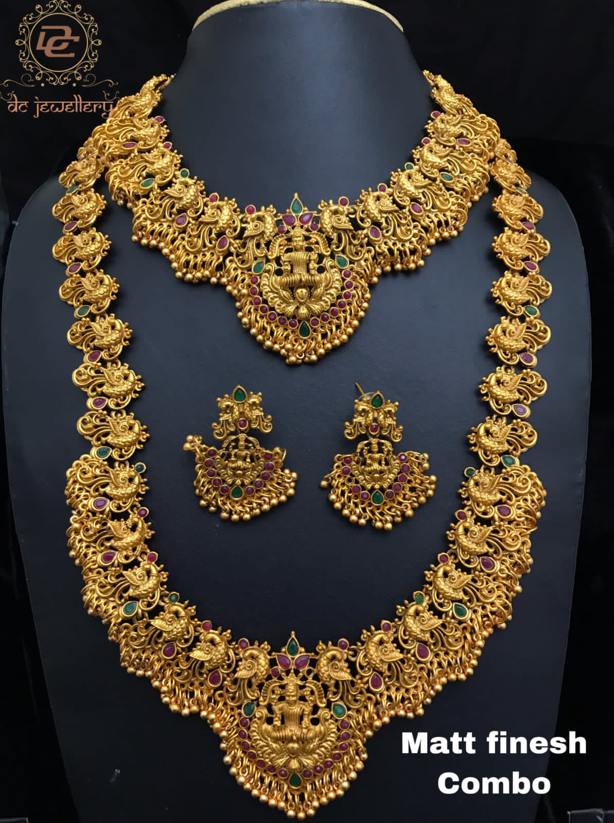Designer Temple Jewelry Haram Necklace Set with Jhumkas Combo Lakshmi Design