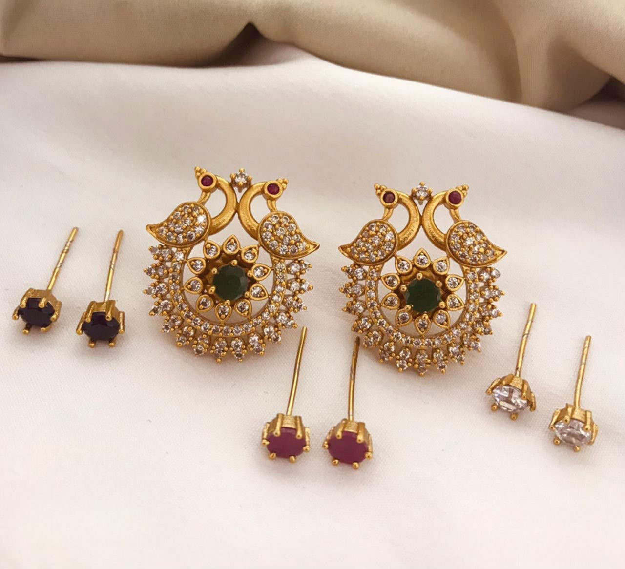 Silver CZ Crystal peacock stud Earrings  American Diamond Stud earrin –  Indian Designs