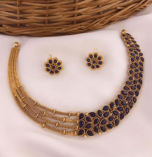 Latest Design Matte Black Stone Necklace Set with Earrings