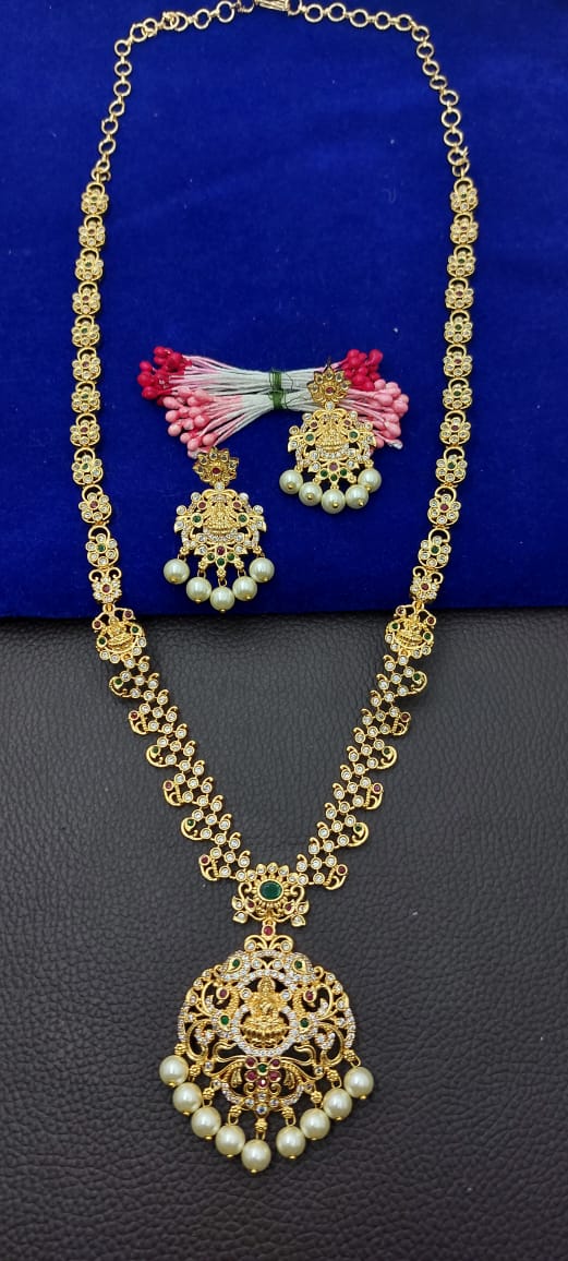 Classic Temple Jewelry Bridal Set - CZ American Diamond Stone Jewelry Haram Long Necklace Set with Earrings