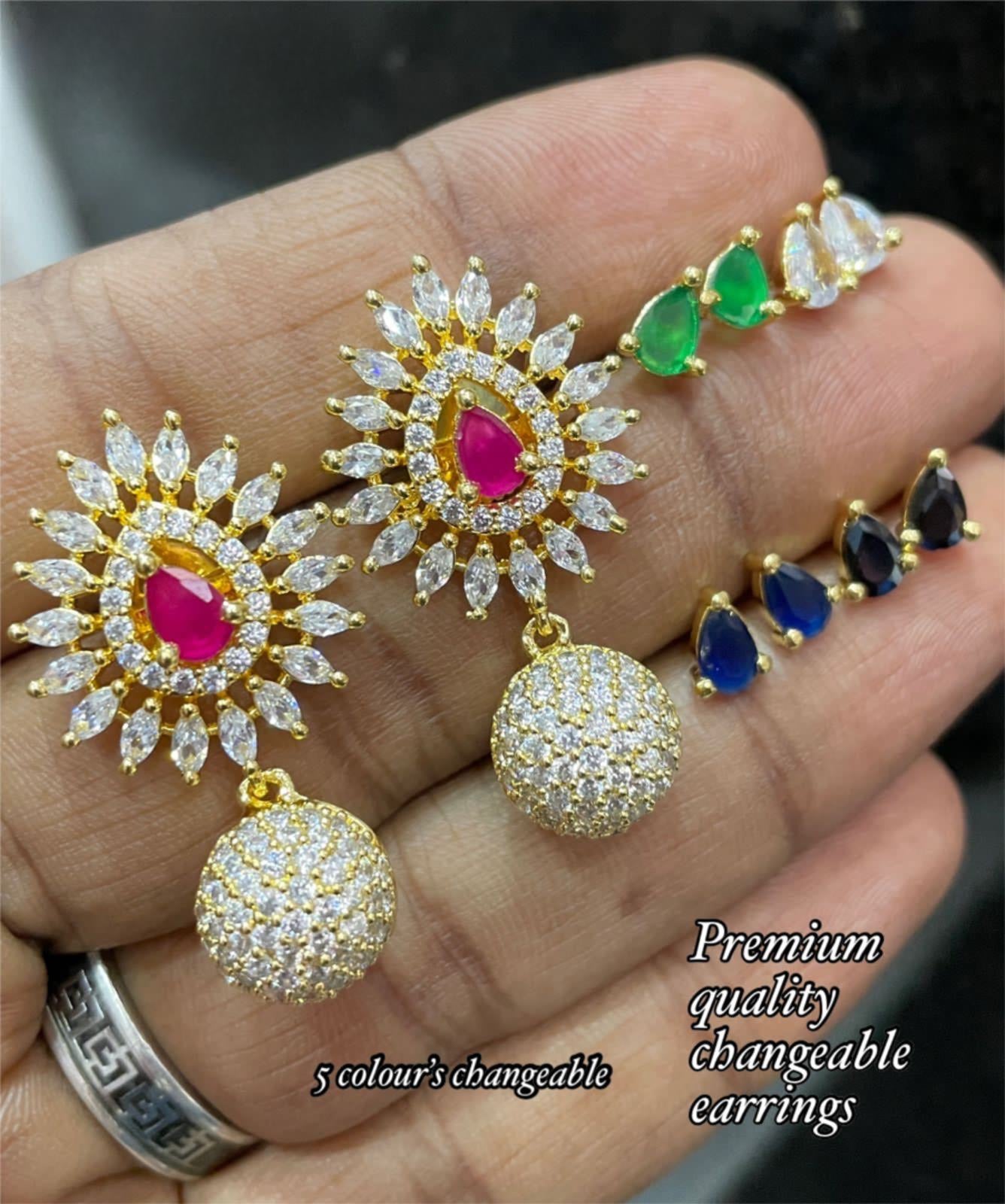 Premium American Diamond Stone Changeable 5in1 Earrings- Microgoldplated