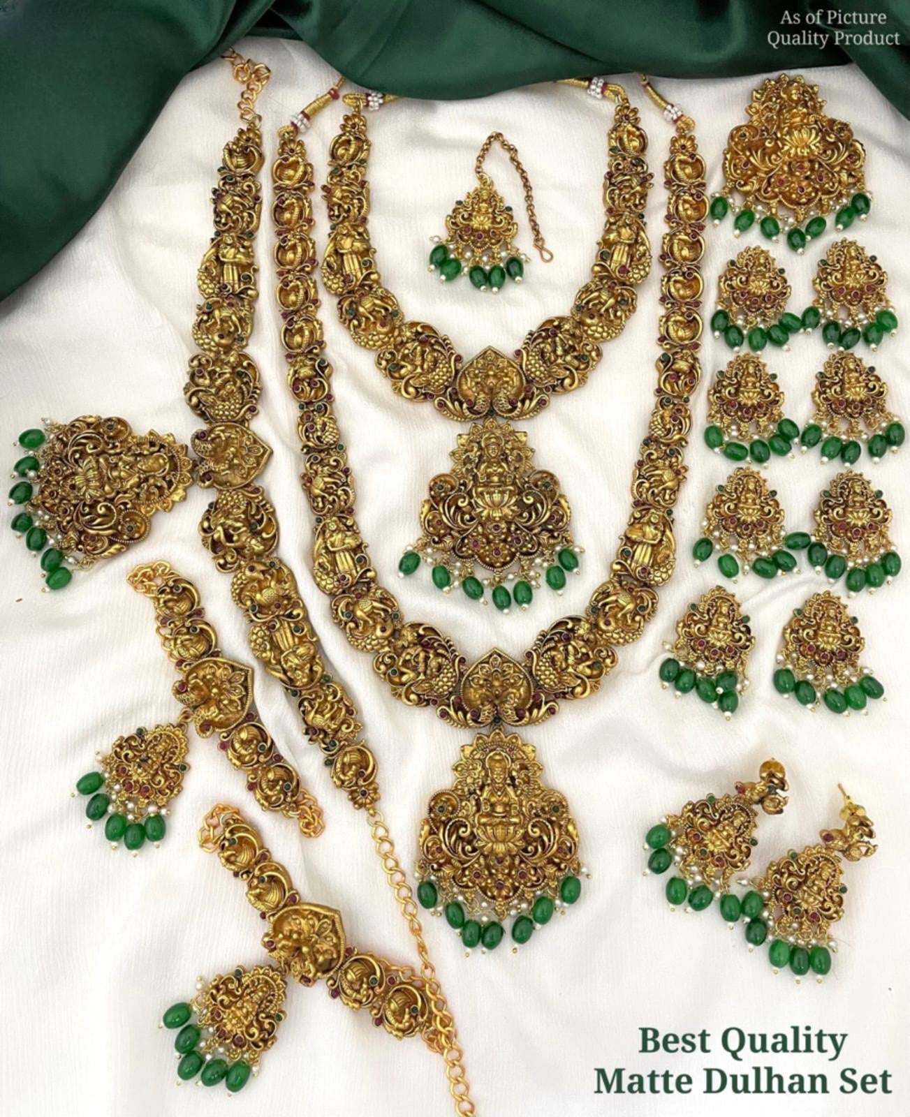 Nagas Matte Finish Temple Jewelry Full Bridal Set Haram Necklace Set with Earrings Lakshmi Design- Green