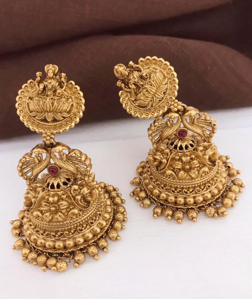 Matte Finish Bridal Jhumkas -Classy Temple Jewelry Lakshmi design Earrings
